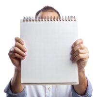 A man is holding a blank notebook in his hands png