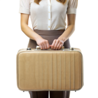 A woman is holding a tan suitcase png