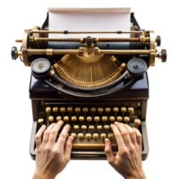 un persona es mecanografía en un antiguo pasado de moda máquina de escribir png
