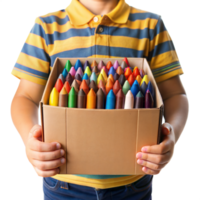 A young boy is holding a box of crayons png