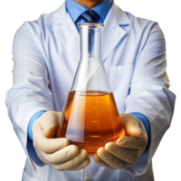 A man in a white lab coat holding a glass beaker filled with a brown liquid png