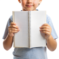 A young boy is holding a spiral bound notebook open to a blank page png