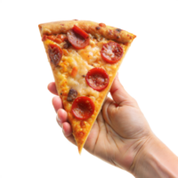 en hand innehav en skiva av pepperoni pizza png