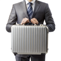 A man in a suit holding a silver suitcase png