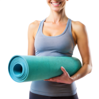 een vrouw is Holding een yoga mat in haar handen png