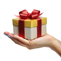 A hand holding a gold and red box with a red ribbon png