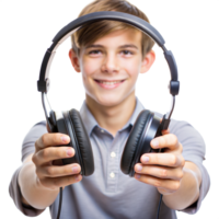 A young boy is holding a pair of headphones and smiling png