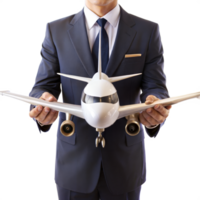 A man in a suit holding a model airplane png