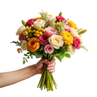 A hand holding a bouquet of flowers with a variety of colors including yellow png