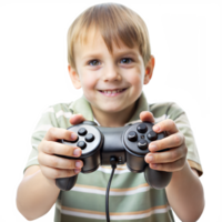 A young boy is holding a game controller and smiling png