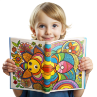 A young boy is holding a colorful book with a flowery cover png