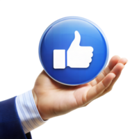 A hand holding a blue button with a white thumbs up symbol png