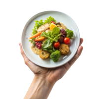 een hand- Holding een bord van voedsel met een verscheidenheid van groenten en fruit png