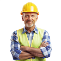 A man wearing a yellow hard hat and a safety vest is smiling for the camera png