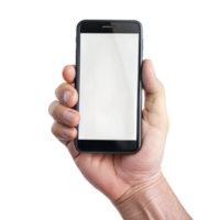 A hand holding a black cell phone with a white screen png