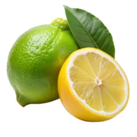 A close-up shot of a fresh green lime and a cut yellow lemon with green leaves on a transparent background png