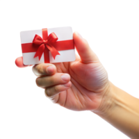 A hand holding a white card with a red bow on it png