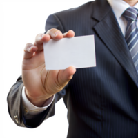 A man is holding a white business card in his hand png