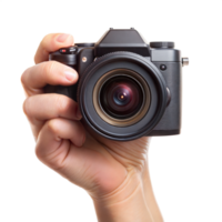 A person is holding a camera with a black lens png