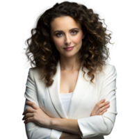 A woman with curly hair is wearing a white jacket and is smiling png