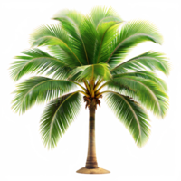 A single palm tree with green leaves and a brown trunk is isolated on a transparent background png