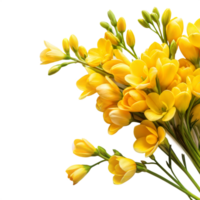 un hermosa ramo de flores de amarillo fresia flores en lleno floración en un transparente antecedentes png