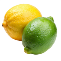 A bright yellow lemon and a vibrant green lime rest side-by-side on a transparent surface, showcasing their contrasting colors and textures png