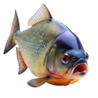 une fermer vue de une piranha poisson avec ses bouche ouvrir, révélateur tranchant dents. le poisson est vert, jaune, et bleu avec rouge yeux png