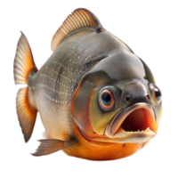 une fermer coup de une piranha poisson avec ses bouche ouvrir, révélateur tranchant dents. le poisson est orienté vers le caméra avec une menaçant expression png