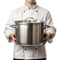 A chef is holding a large pot in his hands png