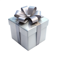 A silver gift box with a silver ribbon bow, isolated on a transparent background. The box is square and has a shiny finish png