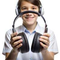 A young boy is holding a pair of headphones and smiling png