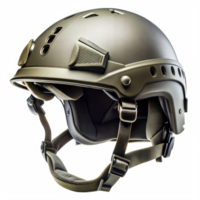 A close up of a military tactical helmet with an adjustable chin strap and a ventilation system, isolated against a transparent background png