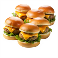 A close up shot of five mini cheeseburgers with melted cheese, lettuce, and tomato png