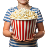 A young girl is holding a red and white popcorn bucket png