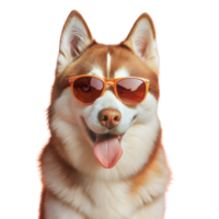 une amical sibérien rauque chien portant Orange des lunettes de soleil avec une content expression et langue collage en dehors png