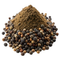 A close-up shot of black peppercorns, both whole and ground, in a pile png