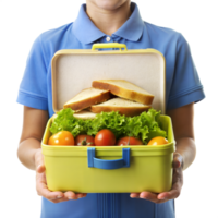 A young girl is holding a yellow container with a variety of fruits png