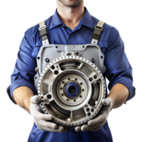 A man is holding a car engine in his hands png