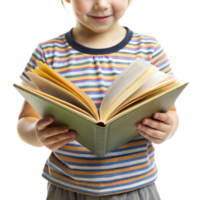 une Jeune enfant est en portant une livre ouvert à une page avec une sourire sur leur visage png