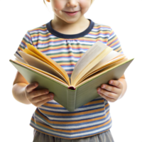 uma jovem criança é segurando uma livro aberto para uma página com uma sorrir em seus face png
