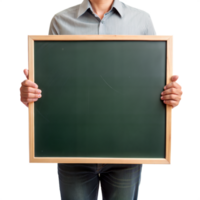 A man is holding a green chalkboard png