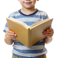 A young boy is holding a book open to a page with a smile on his face png