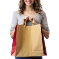 A woman is holding a shopping bag with a smile on her face png