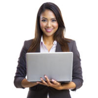 A woman is holding a laptop and smiling png