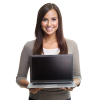 A woman is holding a laptop in front of a transparent background png