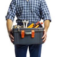 A man is holding a toolbox with various tools in it png