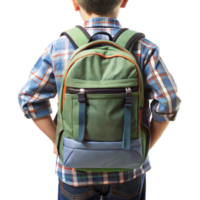 A young boy wearing a plaid shirt and blue jeans is wearing a green backpack png