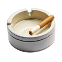 A close-up image of a white ceramic ashtray with a half-smoked cigarette resting inside png