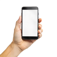 A hand holding a black cell phone with a white screen png